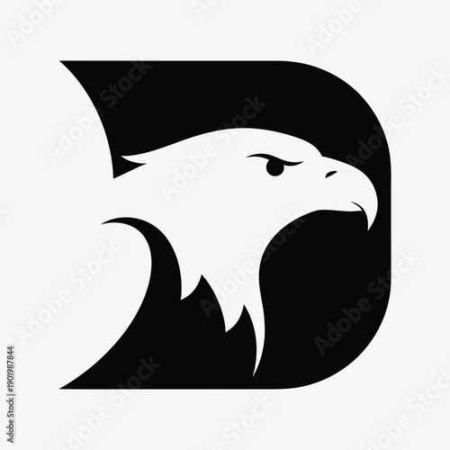 Black and white eagle head inside a stylized letter D shape bird symbol