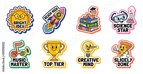 Retro School Achievement Stickers Set, Colorful Vector Illustrations