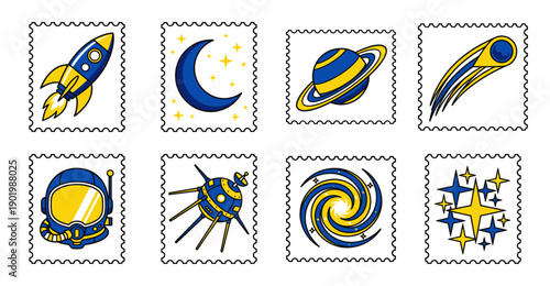 Flat Vector Outer Space Exploration Postage Stamp Asset Sheet for Scrapbooking and Cosmic Stationery Design