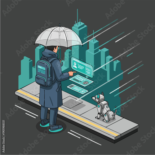 Man with umbrella and robotic dog interacting with futuristic city interface.