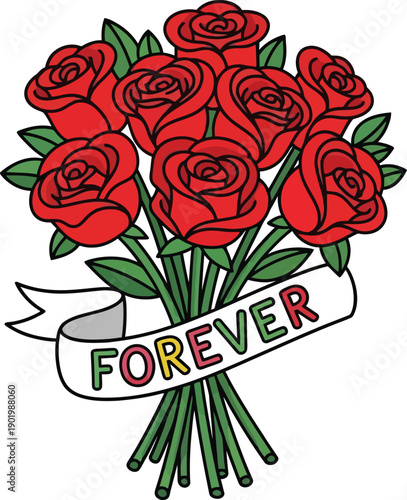 Vibrant bouquet of seven red roses with green leaves and forever ribbon illustration from a front viewpoint