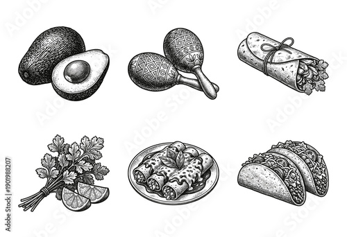 Mexican food collection featuring hand drawn engraving illustrations of tacos enchiladas burrito avocado and maracas