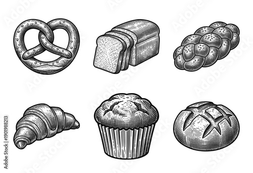 Vintage engraving style bakery illustration set featuring pretzel bread loaf challah croissant muffin and sourdough boule