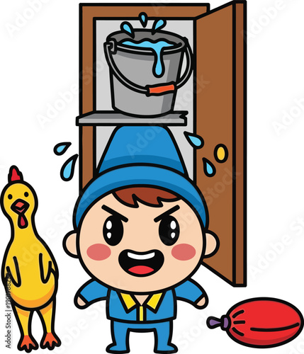 A cartoon boy in blue attire standing angrily beside a chicken as water spills from a bucket on a tray near an open door