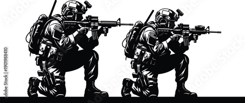 Black silhouette of tactical soldiers kneeling with rifles, special forces military operators in combat stance isolated on white background vector illustration
