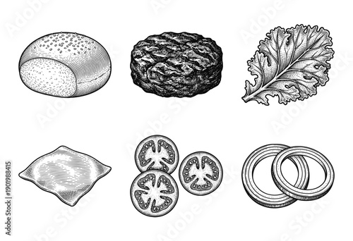 Set of burger ingredients in hand drawn vintage woodcut style featuring sesame bun patty lettuce cheese tomato slices and onion rings on a white background.