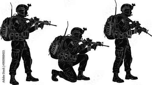 Black silhouette set of tactical soldiers aiming rifles in standing and kneeling poses, military special forces combat team isolated background