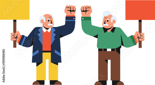 Cartoon illustration of elderly men protesting with blank signs and raised fists, social activism demonstration concept isolated on plain background