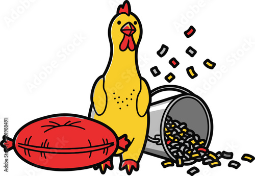 A cartoon chicken standing next to a spilled container of chicken feed on the ground, viewed from the side in a simple illustration style.