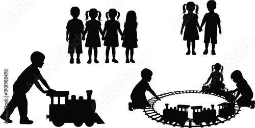 Children silhouettes playing with toy train and holding hands, childhood friendship and playful activity concept isolated on clean background