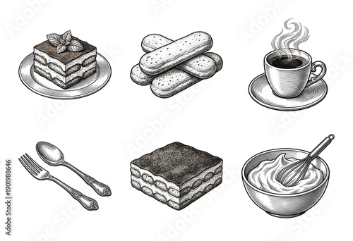 Vintage engraving illustration collection of tiramisu ingredients and dessert including ladyfingers espresso and mascarpone cream