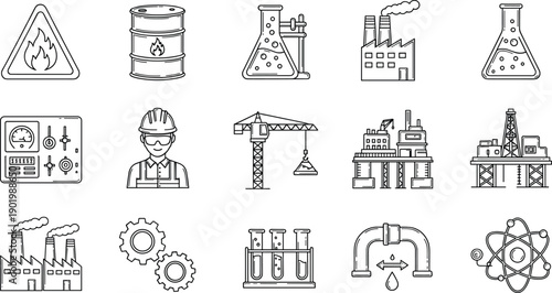 Industrial and laboratory line icons set including factory, crane, test tubes and gear, engineering technology outline vector collection