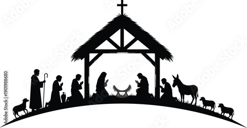 Nativity scene silhouette with holy family, shepherds and animals under stable, Christian Christmas birth story illustration isolated on clean background