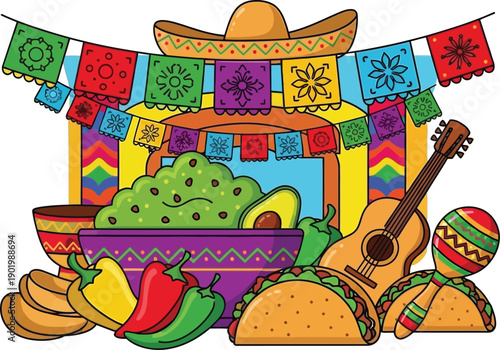 Vibrant Mexican Fiesta Scene with Guitar, Food, and Sombrero Celebrated in a Colorful Illustration