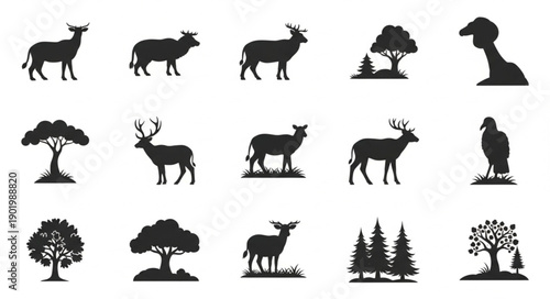 Collection of Animal and Tree Silhouettes.