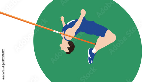 Vector illustration of male athlete performing high jump over bar on track field, sports training concept isolated background green circle