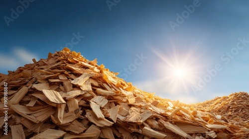 Sunlit Pile of Wood Chips Against a Clear Sky Highlighting Natural Materials and Textures in an Outdoor Environment