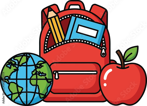 A red backpack with a pencil, notebook, and apple beside a globe, symbolizing education and learning