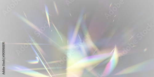 Neon diamond prism bends rainbow light through crystal glass sparkle. PNG vector lens flare captures glitter, glare, bokeh, holographic effect. Light reflections create magical depth.	