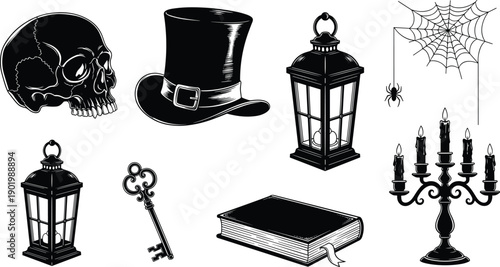Vintage gothic objects set including skull, lantern, candle holder and key, dark antique illustration collection isolated on clean background