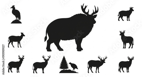 Collection of Animal Silhouettes Deer Elk Bird Tree.