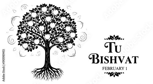 Tu Bishvat Jewish Holiday Tree of Life Roots Growth Celebration February 1 Vector Illustration
