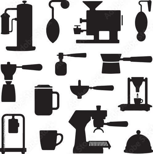 black silhouettes of various coffee machines and utensils on white background