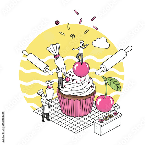 Miniature chefs decorating a giant cupcake with cherries and frosting.