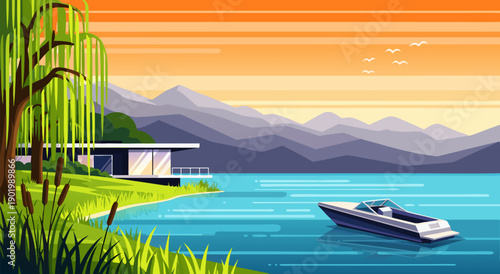 Serene lakeside vector illustration with a modern house and a boat at sunset