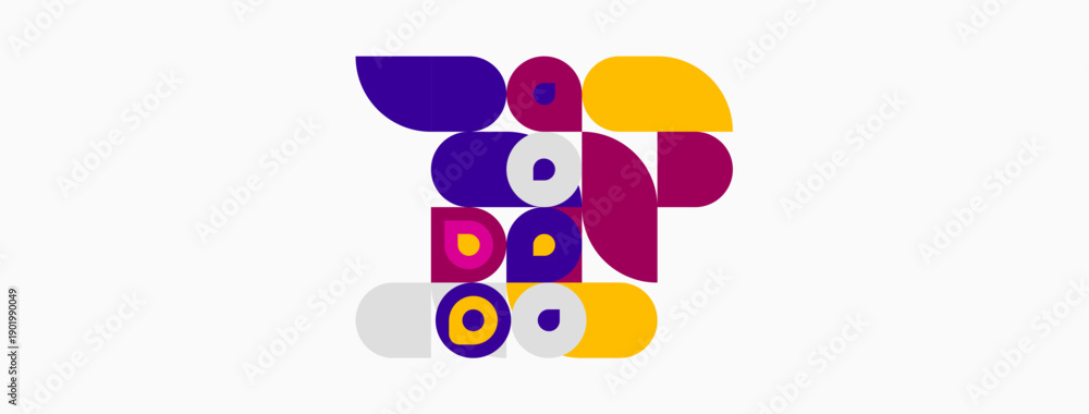 Fototapeta premium Abstract geometric shapes, purple, yellow, pink, gray, blue. Composition suggests playful design, modern aesthetic. Simple background.