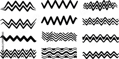 A collection of various zigzag and wavy line patterns in black and white isolated on white background, Vector