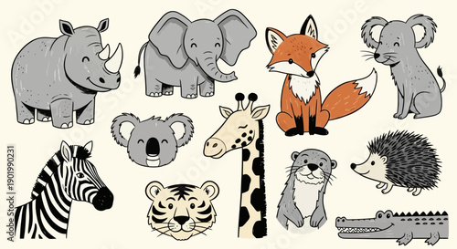 A charming collection of cute, hand-drawn cartoon animals including a rhino, elephant, fox, mouse, koala, giraffe, otter, hedgehog, zebra, tiger, and crocodile.