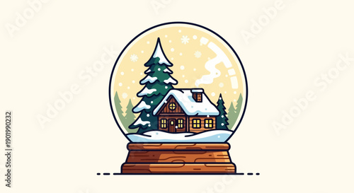 A charming snow globe featuring a cozy cabin nestled amongst snow-covered pine trees under a soft yellow sky.