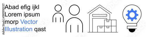 Business logistics, teamwork, innovation, manufacturing, storage solutions, creativity. Icons of two people, warehouse with boxes and a light bulb with gear. Teamwork and innovation concepts