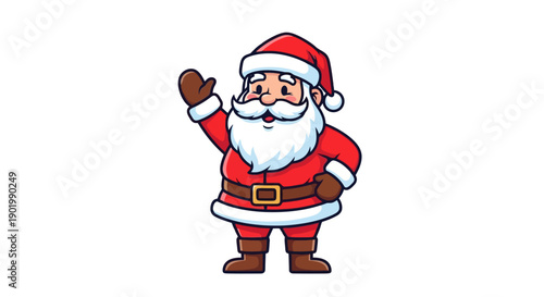 A cheerful cartoon illustration of Santa Claus waving hello with a big smile and rosy cheeks.