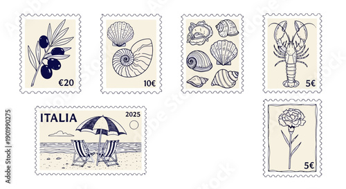 A collection of seven postage stamps featuring various illustrations including olives, seashells, a lobster, a beach scene, and a flower.