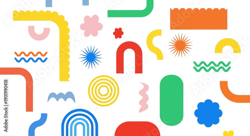 A vibrant and playful abstract pattern featuring a variety of colorful geometric shapes and wavy lines on a white background.