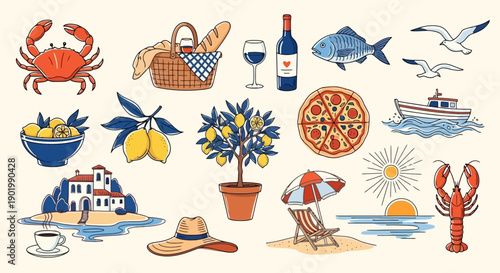 A vibrant collection of Mediterranean summer vacation elements, including food, drinks, and coastal scenery.