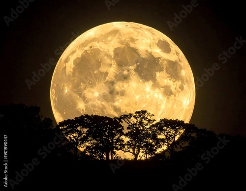 A large yellow moon behind trees at night
