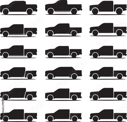 black silhouettes of various pickup trucks and semi trucks on white background