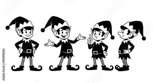 Four cartoon elves in black and white, dressed in traditional elf attire with pointed hats and shoes.