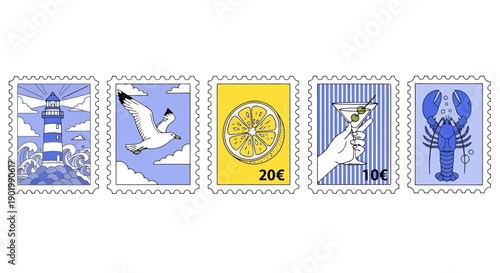 A collection of five stylized postage stamps featuring nautical and summer themes, including a lighthouse, a seagull, a lemon slice, a cocktail, and a lobster.
