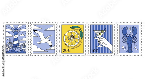 A collection of five stylized postage stamps featuring nautical and summer-themed illustrations.
