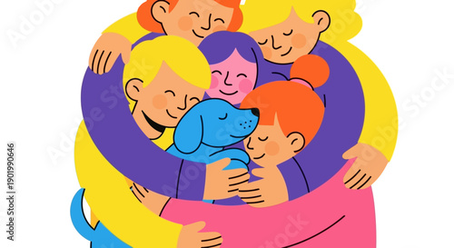 A diverse group of people and a dog are hugging each other tightly in a circle.