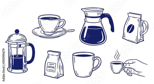 A collection of hand-drawn illustrations depicting various coffee brewing methods and vessels.