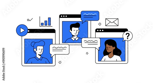 Illustration of three people in a video conference call discussing ideas and data.