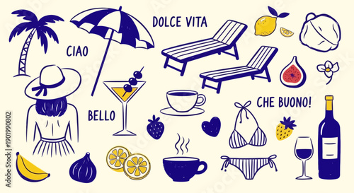 A charming hand-drawn illustration of Italian summer vacation elements, including a beach umbrella, lounge chairs, drinks, fruits, and swimwear.