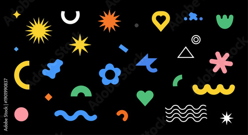 A vibrant collection of abstract geometric shapes and icons on a black background.