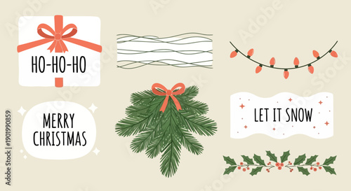 A collection of festive Christmas-themed graphic elements including gift boxes, pine branches, and holiday greetings.