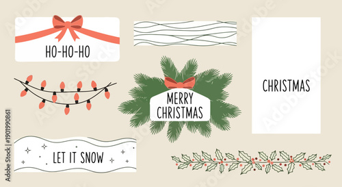 A collection of festive Christmas-themed graphic elements including bows, lights, and holiday greetings.